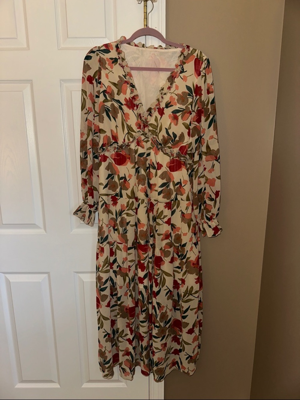 Floral V-Neck Long Sleeve Midi Dress - Cream with Red & Green Floral